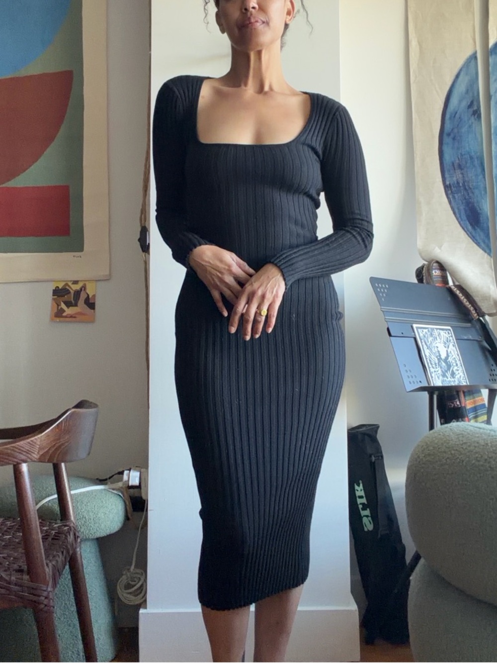 Black Ribbed Square-Neck Midi Dress